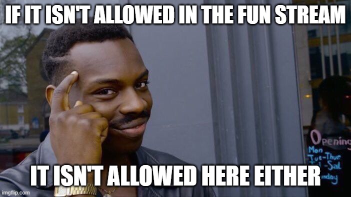 Roll Safe Think About It Meme | if it isn't allowed in the fun stream; it isn't allowed here either | image tagged in memes,roll safe think about it | made w/ Imgflip meme maker