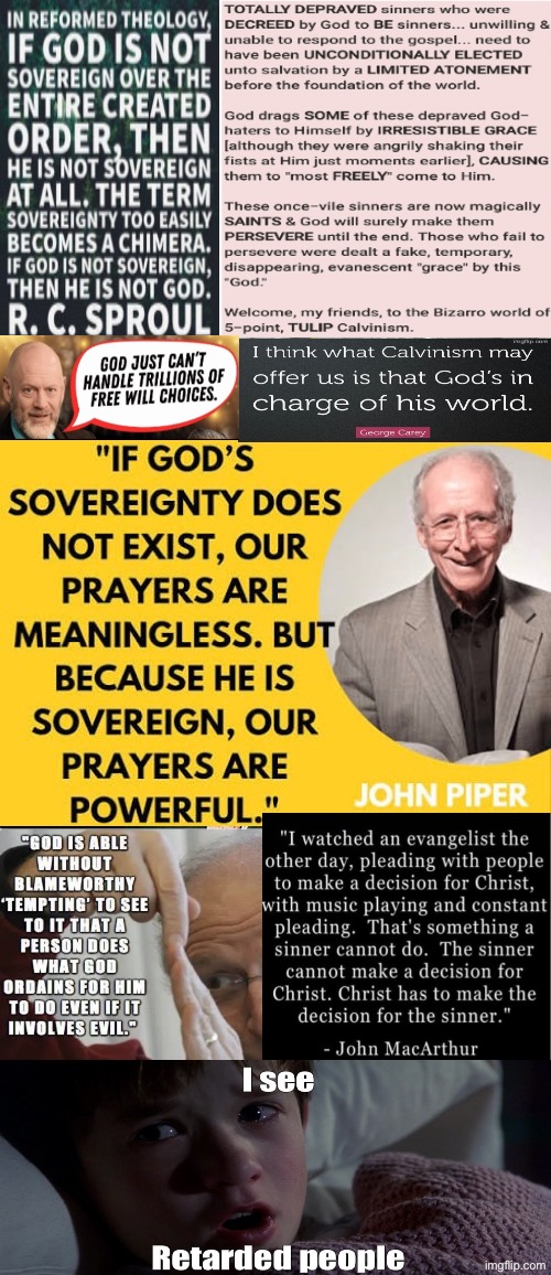 Nobody in professed Christianity says God's not sovereign EXCEPT Calvinists | image tagged in calvinism,calvinist memes,reformed theology,retarded,r c sproul james white,john macarthur john piper | made w/ Imgflip meme maker