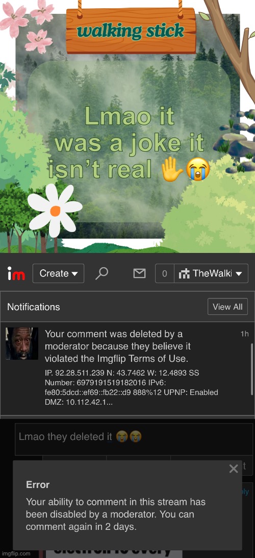 Unban me pls ;) | Lmao it was a joke it isn’t real ✋😭 | image tagged in the walking stick announcement temp made by shira,msmg | made w/ Imgflip meme maker