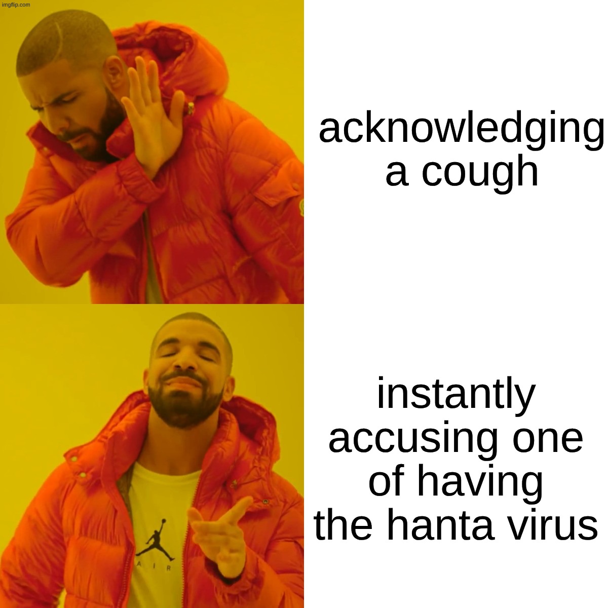being mean >:( | acknowledging a cough; instantly accusing one of having the hanta virus | image tagged in memes,drake hotline bling | made w/ Imgflip meme maker