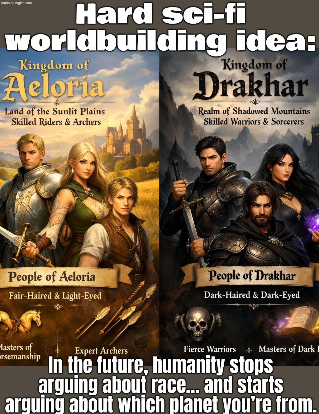 Hard sci‑fi worldbuilding: Humans diversify into dozens of distinct subspecies across the stars… | Hard sci‑fi worldbuilding idea:; In the future, humanity stops arguing about race… and starts arguing about which planet you’re from. | image tagged in worldbuilding,futuristic utopia,planets,human race,sci-fi,gaming | made w/ Imgflip meme maker