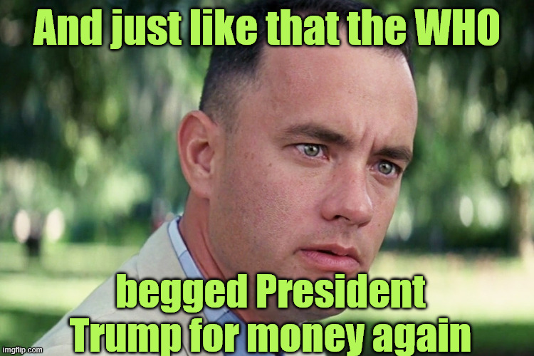 And Just Like That Meme | And just like that the WHO begged President Trump for money again | image tagged in memes,and just like that | made w/ Imgflip meme maker