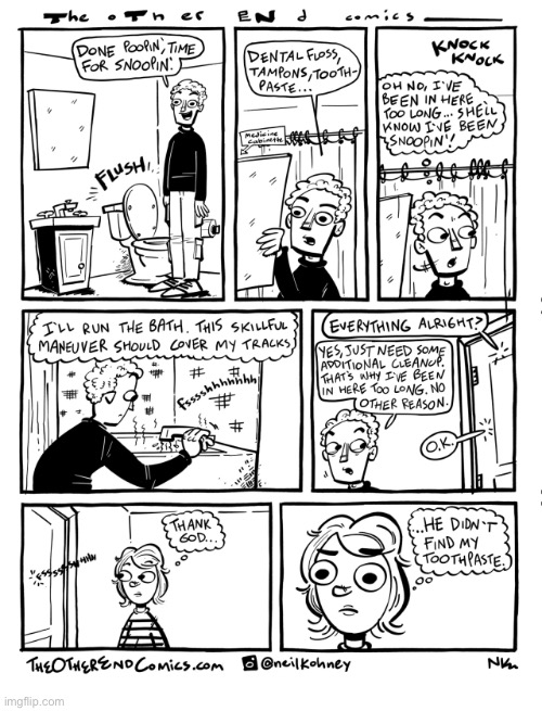 The Other End | image tagged in comics,the other end,bathroom,snooping,medicine cabinet,toothpaste | made w/ Imgflip meme maker