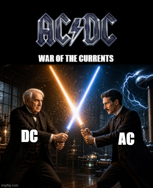 AC DC | dc; ac | image tagged in ai-generated edison vs tesla poster | made w/ Imgflip meme maker
