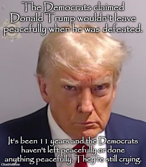 I'm still waiting for the Democrats to quit whining over everything. | The Democrats claimed Donald Trump wouldn't leave peacefully when he was defeated. It's been 11 years and the Democrats haven't left peacefully or done anything peacefully. They're still crying. | image tagged in donald trump mugshot,crying democrats,leftists,donald trump | made w/ Imgflip meme maker