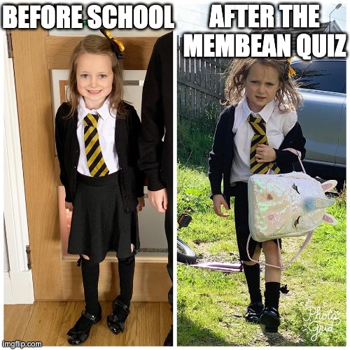 first day of school | AFter the membean quiz; Before school | image tagged in first day of school | made w/ Imgflip meme maker