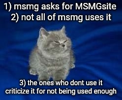 this cat is wrong for laughing | 1) msmg asks for MSMGsite 
2) not all of msmg uses it; 3) the ones who dont use it criticize it for not being used enough | image tagged in this cat is wrong for laughing | made w/ Imgflip meme maker