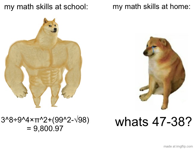 5^3 is 125 btw | my math skills at school:; my math skills at home:; whats 47-38? 3^8÷9^4×π^2+(99^2-√98) = 9,800.97 | image tagged in memes,buff doge vs cheems,funny,math,school,home | made w/ Imgflip meme maker