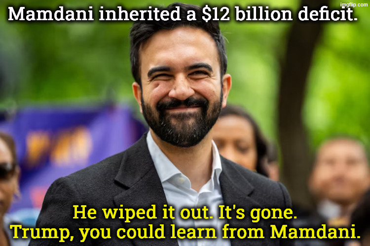All that socialist/communist name-calling was really stupid. Unlike Trump, Mamdani knows how to do his job. | Mamdani inherited a $12 billion deficit. He wiped it out. It's gone.
Trump, you could learn from Mamdani. | image tagged in zohran mamdani grinning,zohran mamdani,deficit,socialist,communist,new york | made w/ Imgflip meme maker