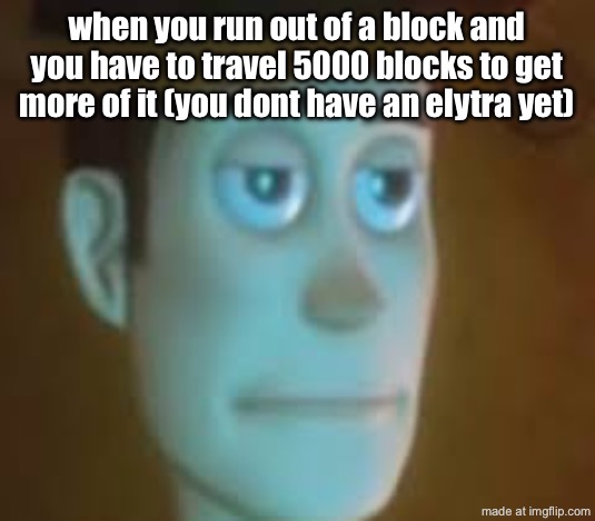 terracotta needs to be easier to get | when you run out of a block and you have to travel 5000 blocks to get more of it (you dont have an elytra yet) | image tagged in disappointed woody,funny,memes,minecraft,gaming | made w/ Imgflip meme maker
