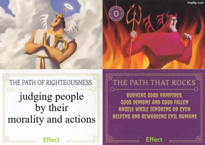 highschool dxd lore accurate meme. Holiness in dxd is oblivious to morality without the god of the bible | judging people by their morality and actions; burning good vampires, good demons and good fallen angels while ignoring or even helping and rewarding evil humans | image tagged in the path of righteousness vs the path that rocks,highschool dxd,anime | made w/ Imgflip meme maker