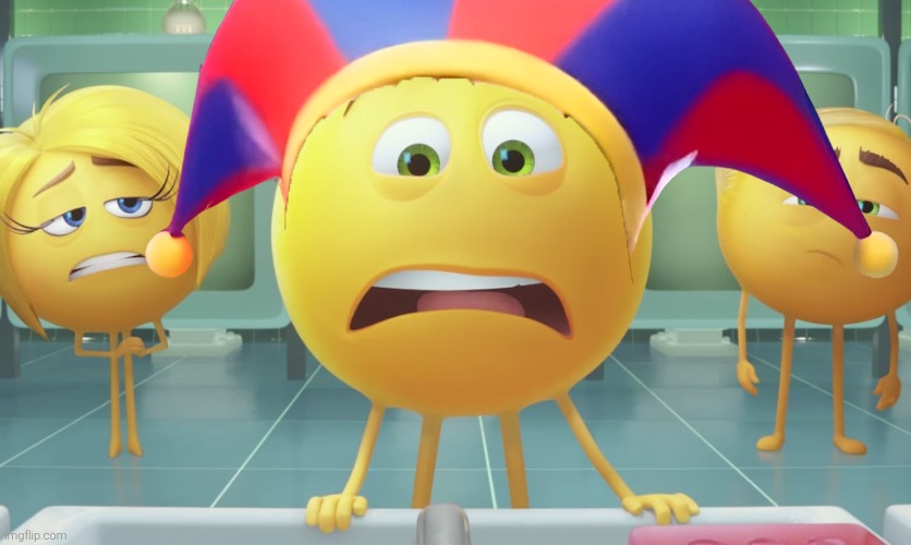 I placed a familiar jester hat on Gene's head. (Just a stupid edit) | image tagged in the amazing digital circus,tadc,emoji movie,the emoji movie,pomni,jester | made w/ Imgflip meme maker