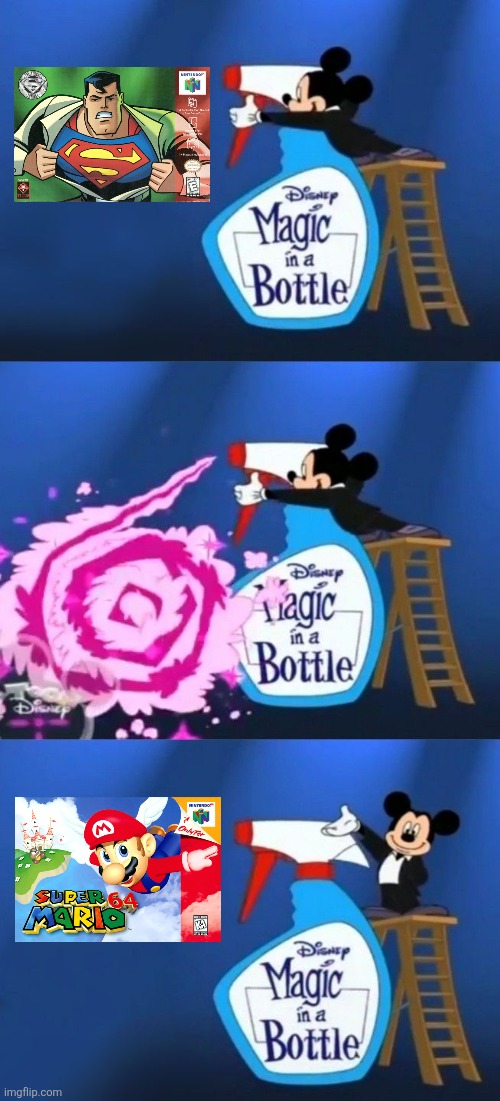 SUPER MARIO 64 >>> Superman 64 a.k.a. Superzero 64 (i like both Mario and Superman but that's the truth) | image tagged in disney magic in a bottle template,memes,super mario,superman 64,super mario 64,true | made w/ Imgflip meme maker