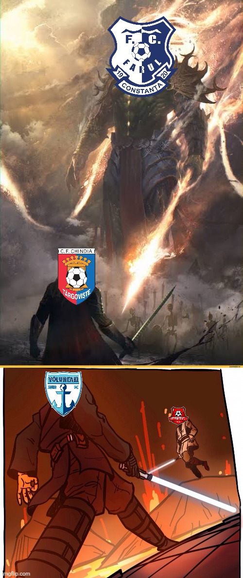Liga 1 - SuperLiga Relegation Play-offs 2026 be like | image tagged in small warrior vs giant,star wars jojo s walk short version,voluntari,chindia,hermannstadt,farul | made w/ Imgflip meme maker
