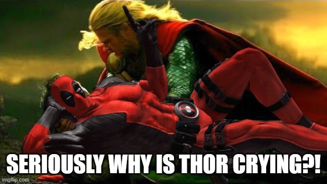 Deadpool wants to know | SERIOUSLY WHY IS THOR CRYING?! | image tagged in deadpool,i don't need sleep i need answers | made w/ Imgflip meme maker