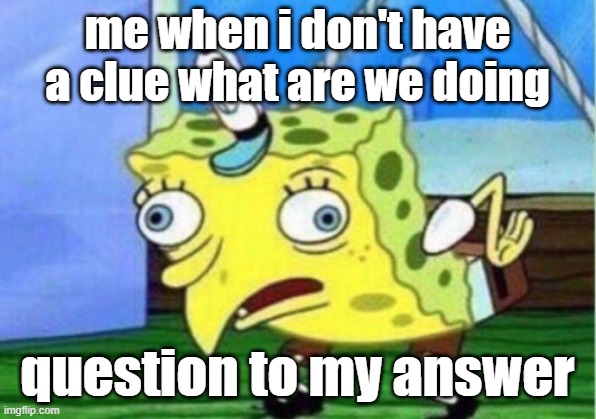 Mocking Spongebob | me when i don't have a clue what are we doing; question to my answer | image tagged in memes,mocking spongebob | made w/ Imgflip meme maker