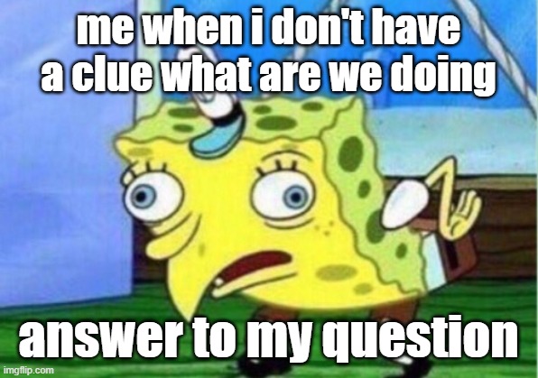 ????? | me when i don't have a clue what are we doing; answer to my question | image tagged in memes,mocking spongebob | made w/ Imgflip meme maker