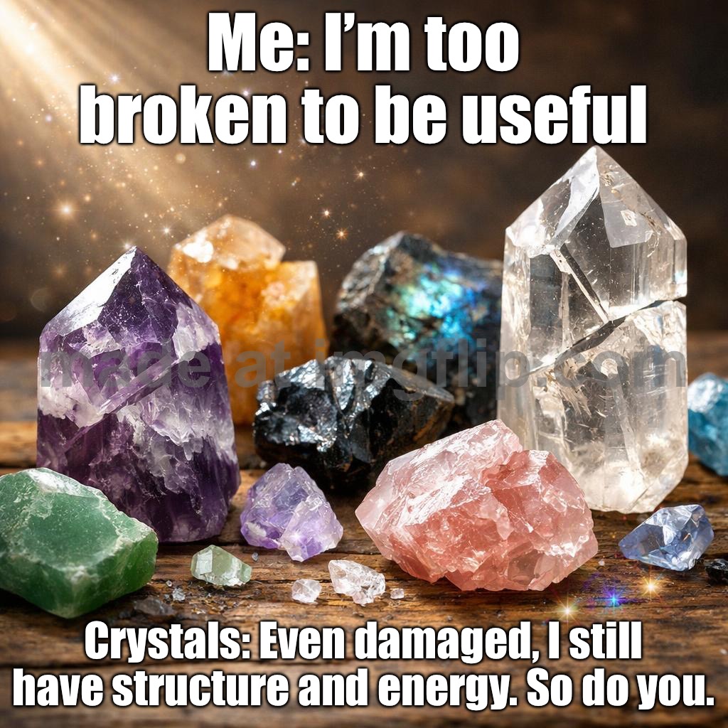 When my life feels cracked and chaotic…; I remember: even broken crystals still hold their power. | Me: I’m too broken to be useful; Crystals: Even damaged, I still have structure and energy. So do you. | image tagged in broken or damaged crystals still retain their physical and energ,remix,crystal,existentialism,life sucks,chaos | made w/ Imgflip meme maker