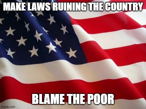 Politicians blaming everything but themselves | make laws ruining the country; blame the poor | image tagged in american flag | made w/ Imgflip meme maker