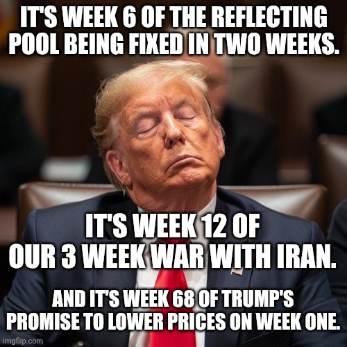 He's just as good sleeping on his promises as he is sleeping on the job. | IT'S WEEK 6 OF THE REFLECTING POOL BEING FIXED IN TWO WEEKS. IT'S WEEK 12 OF OUR 3 WEEK WAR WITH IRAN. AND IT'S WEEK 68 OF TRUMP'S PROMISE TO LOWER PRICES ON WEEK ONE. | image tagged in trump is sleeping at trial,trump unfit unqualified dangerous,donald trump,impeach trump,liar liar pants on fire | made w/ Imgflip meme maker