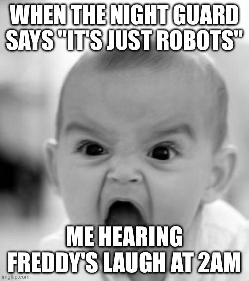 Angry Baby Meme | WHEN THE NIGHT GUARD SAYS "IT'S JUST ROBOTS"; ME HEARING FREDDY'S LAUGH AT 2AM | image tagged in memes,angry baby | made w/ Imgflip meme maker