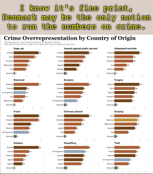 Using the science of statistics, there seems to be a clear pattern... | I know it's fine print, Denmark may be the only nation to run the numbers on crime. | image tagged in denmark crime stats | made w/ Imgflip meme maker