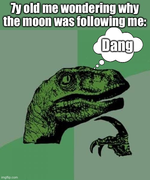 dang | 7y old me wondering why the moon was following me:; Dang | image tagged in memes,philosoraptor | made w/ Imgflip meme maker