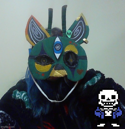 Made this mask! It's one out of 100 theiran masks i have made. It's an alien cat or dog, it's name's Gorp. | made w/ Imgflip meme maker