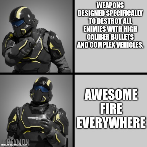 Roger, eliminating east. | Weapons designed specifically to destroy all enimies with high caliber bullets and complex vehicles. Awesome fire everywhere | image tagged in helldivers drake | made w/ Imgflip meme maker