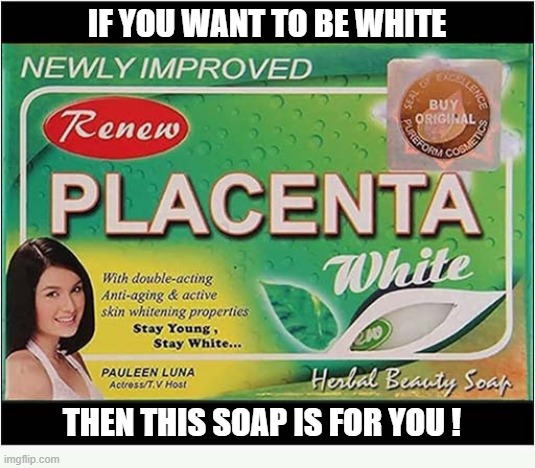 An Interesting Brand Name ... | If You Want To Be White; Then This Soap is for you ! | image tagged in placenta,white,soap,asian | made w/ Imgflip meme maker