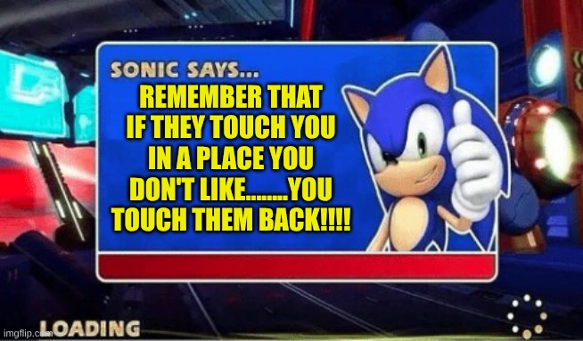 Sonic thats the wrong line!!!! | Remember that if they touch you in a place you don't like........you touch them back!!!! | image tagged in sonic says | made w/ Imgflip meme maker
