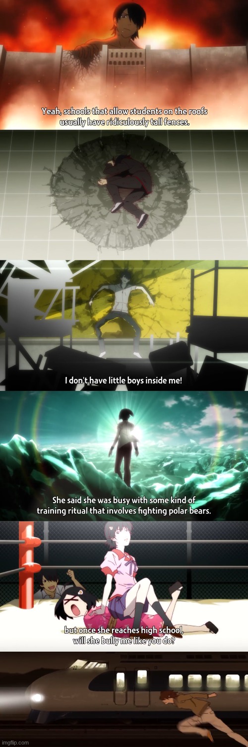Peak anime (Monogatari Series) | image tagged in monogatari series,koyomi,tsukihi,karen,yozuru | made w/ Imgflip meme maker