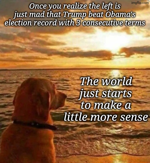 And he would have gotten away with it too, if it weren't for us pesky rednecks and his wife's battle with the buldge! | Once you realize the left is just mad that Trump beat Obama's election record with 3 consecutive terms; The world just starts to make a little more sense | image tagged in philosophical dog | made w/ Imgflip meme maker
