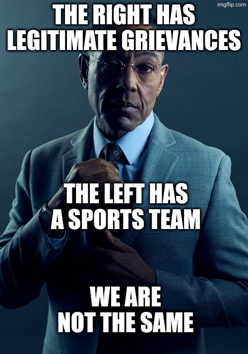Gus Fring we are not the same | The right has legitimate grievances The left has a sports team We are not the same | image tagged in gus fring we are not the same | made w/ Imgflip meme maker