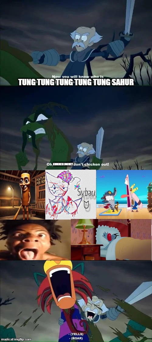 OH COME ONNNN NOT EVEN SUPER WHY IS SAFE | TUNG TUNG TUNG TUNG TUNG SAHUR; CHICKEN JOCKEY | image tagged in oh come onnnn not even super why is safe | made w/ Imgflip meme maker