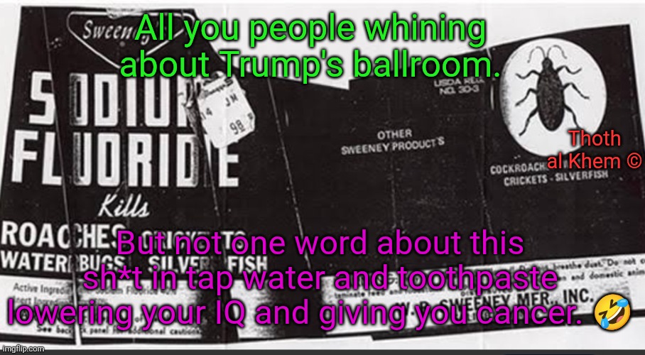 Toothpaste and tap water is poison USA | All you people whining about Trump's ballroom. Thoth al Khem ©; But not one word about this sh*t in tap water and toothpaste lowering your IQ and giving you cancer. 🤣 | image tagged in sodium fluoride poison,sodium fluoride lowers iq,what does iq stand for,don't know do you,sad | made w/ Imgflip meme maker