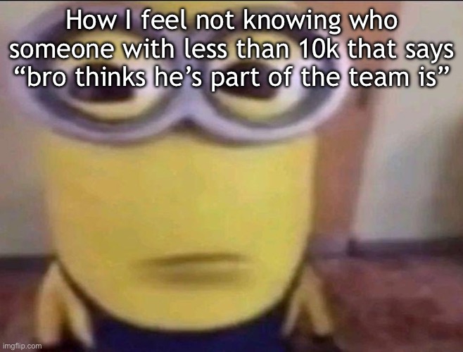 Bruh | How I feel not knowing who someone with less than 10k that says “bro thinks he’s part of the team is” | image tagged in minion stare | made w/ Imgflip meme maker
