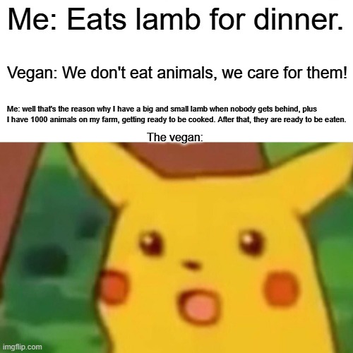 Welp... I think it's now dead... | Me: Eats lamb for dinner. Vegan: We don't eat animals, we care for them! Me: well that's the reason why I have a big and small lamb when nobody gets behind, plus I have 1000 animals on my farm, getting ready to be cooked. After that, they are ready to be eaten. The vegan: | image tagged in memes,surprised pikachu | made w/ Imgflip meme maker