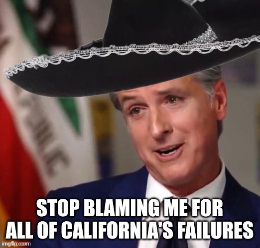 Gavin Newsom Sombrero | stop blaming me for all of california's failures | image tagged in gavin newsom sombrero | made w/ Imgflip meme maker