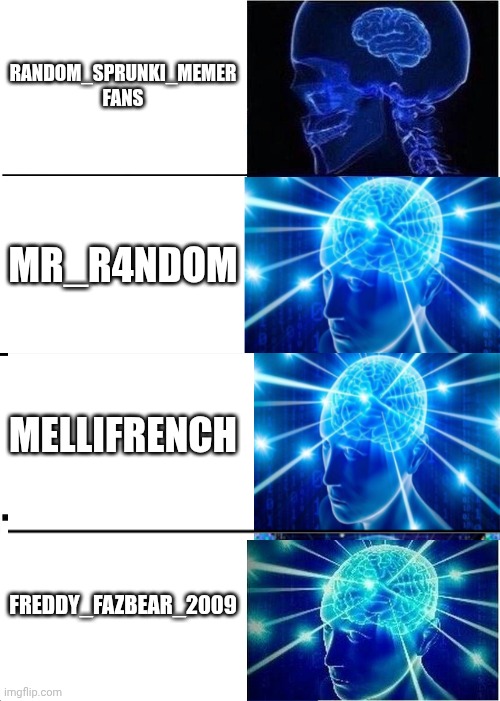 Look , my enemy , his has a small brain because he love watching gayrunki (Moderator note: Thanks for the support to me!) | Random_Sprunki_memer fans; Mr_r4ndom; Mellifrench; Freddy_Fazbear_2009 | image tagged in memes,expanding brain | made w/ Imgflip meme maker