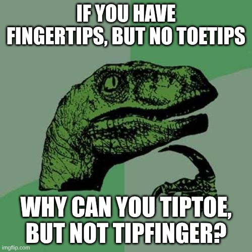 interesting question | if you have fingertips, but no toetips; why can you tiptoe, but not tipfinger? | image tagged in memes,philosoraptor | made w/ Imgflip meme maker