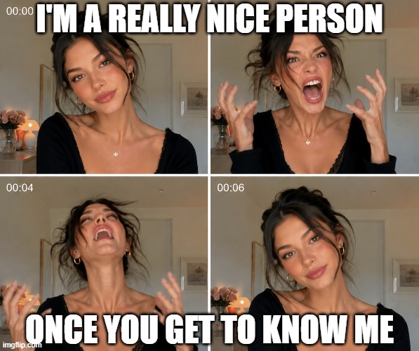 I'm a nice person | I'm a really nice person; once you get to know me | image tagged in it's fine i'm fine | made w/ Imgflip meme maker