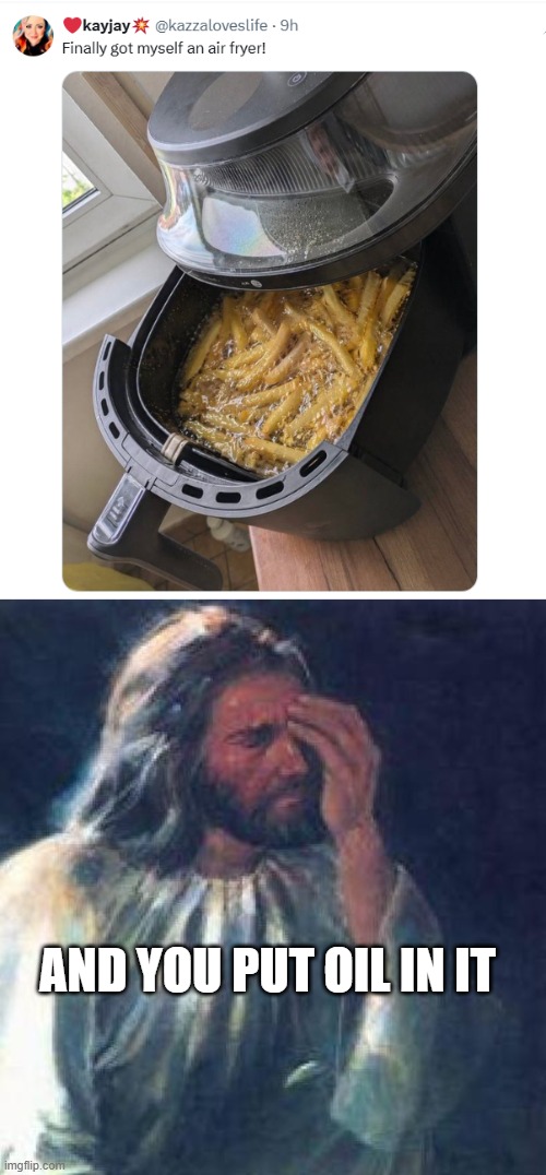 It's an AIR Fryer smh | and you put oil in it | image tagged in jesus facepalm | made w/ Imgflip meme maker