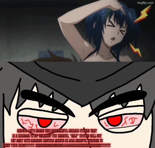 Cowboy Avin Mepios is very angry at this heresy causing Xenovia Quarta to get headaches from praying | Mepios: let’s smash this disgraceful godless system that is a disgrace to my religion! You heretic, “holy” system will not get away with harming xenovia Quarta or Asia Argento, prepare to meet your doom!!!!!!!!!! Hrrrrrrrrrrrrrrrrggggggggggghhhhhhhhhhhhh!!!!!!!!!! | image tagged in mepios,highschool dxd,angry,anime,drawing,praying | made w/ Imgflip meme maker
