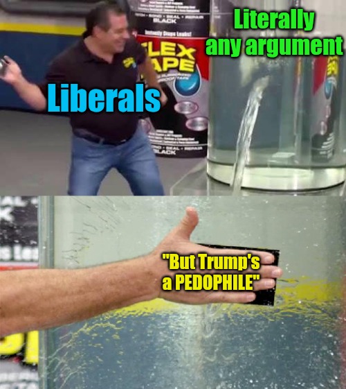 Now that Biden is out of office, liberals are brave enough to talk about pedophiles again | Literally any argument; Liberals; "But Trump's a PEDOPHILE" | image tagged in flex tape,trump,liberal logic,liberals,pedophiles,squeamish | made w/ Imgflip meme maker