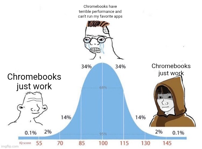 Chromebooks just work | Chromebooks have terrible performance and can't run my favorite apps; Chromebooks just work; Chromebooks just work | image tagged in bell curve | made w/ Imgflip meme maker
