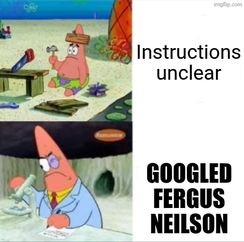 Patrick smart dumb reversed | Instructions unclear Googled Fergus neilson | image tagged in patrick smart dumb reversed | made w/ Imgflip meme maker