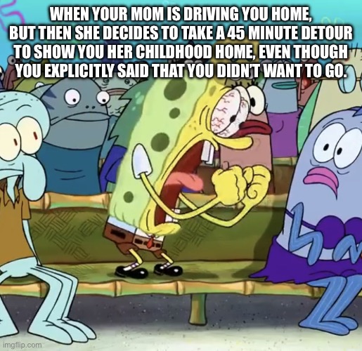 *snore* | When your mom is driving you home, but then she decides to take a 45 minute detour to show you her childhood home, even though you explicitly said that you didn’t want to go. | image tagged in spongebob yelling,parents,detour,childhood home | made w/ Imgflip meme maker