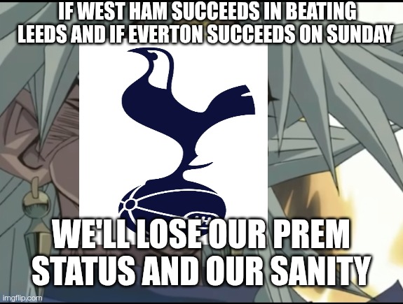If west ham succeeds in beating Leeds and if Everton succeeds on Sunday; We'll lose our prem status and our sanity | made w/ Imgflip meme maker
