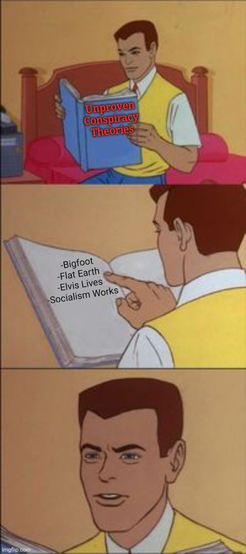 Guys I think we're starting to run out of them. | Unproven Conspiracy Theories -Bigfoot  -Flat Earth  -Elvis Lives  -Socialism Works | image tagged in peter parker reading a book | made w/ Imgflip meme maker